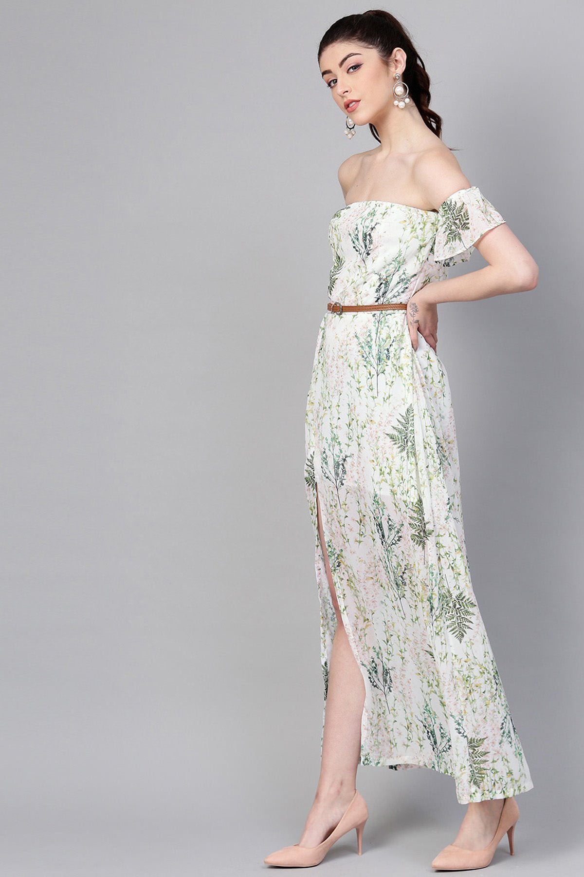 Women's Off-White Floral Off Shoulder Belted Maxi
