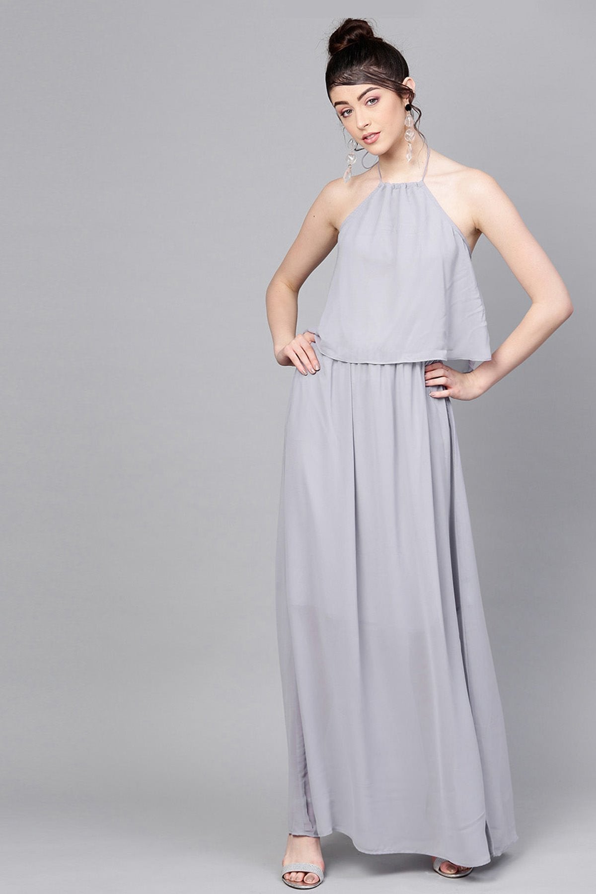 Women's Grey Halter Neck Layered Maxi