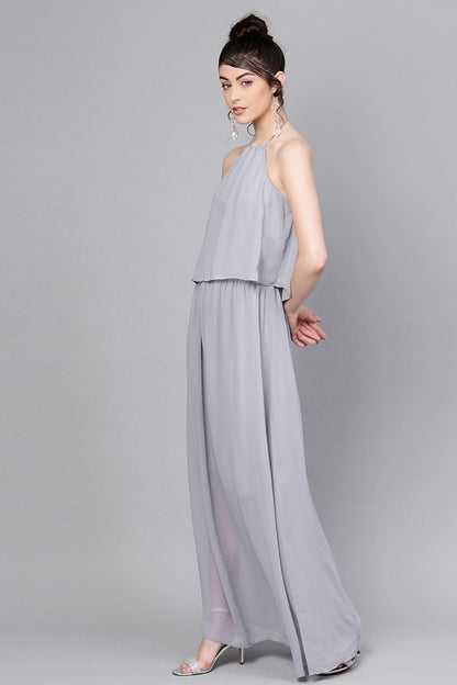 Women's Grey Halter Neck Layered Maxi