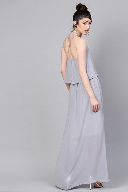 Women's Grey Halter Neck Layered Maxi