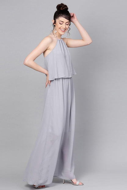 Women's Grey Halter Neck Layered Maxi