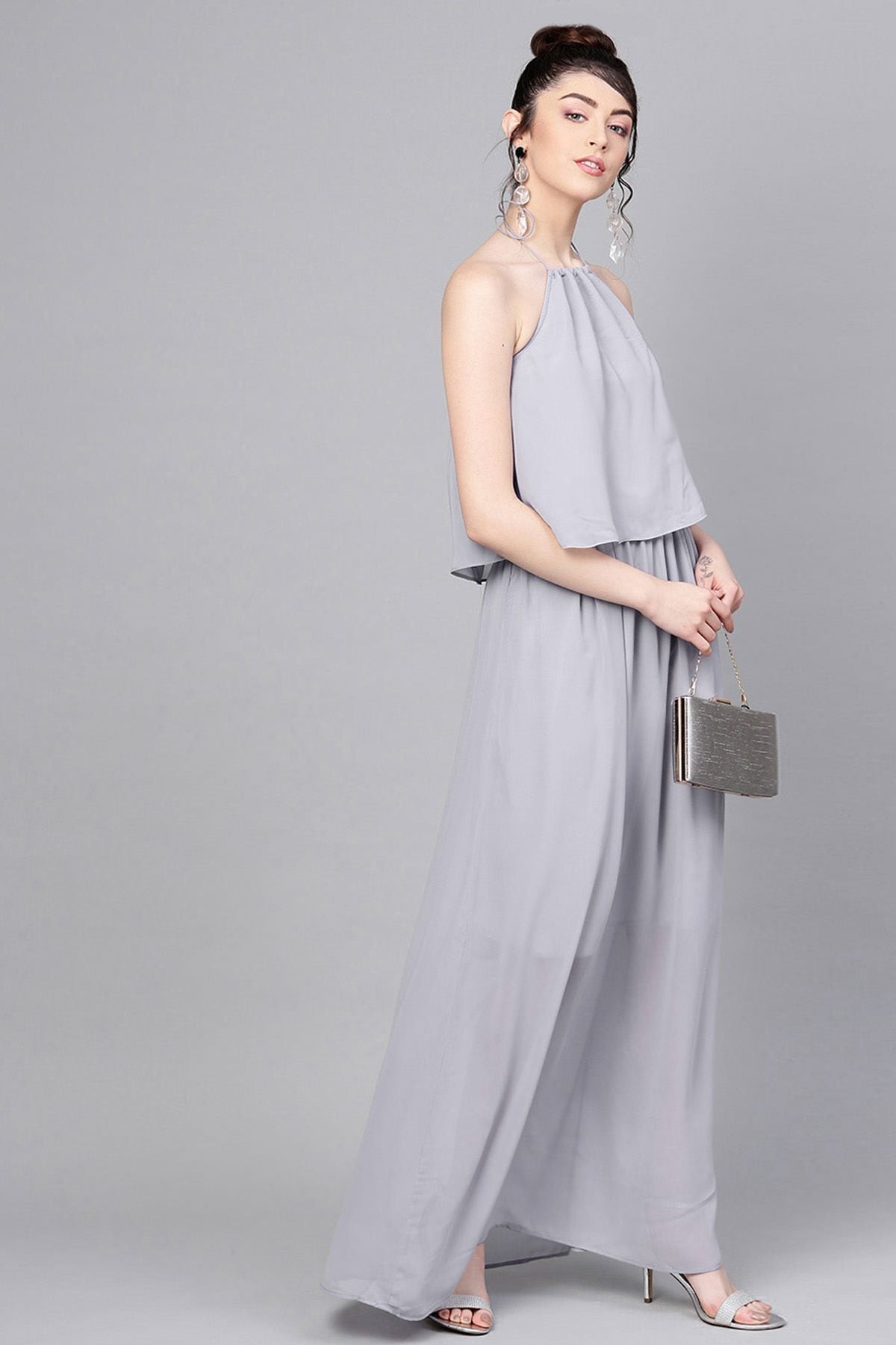 Women's Grey Halter Neck Layered Maxi