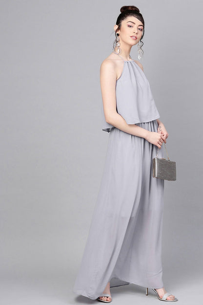 Women's Grey Halter Neck Layered Maxi