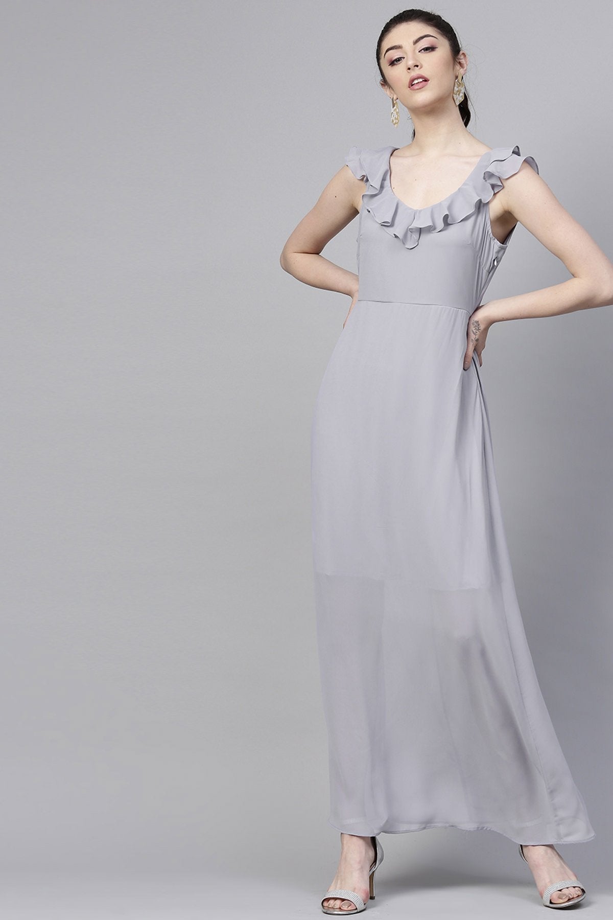 Women's Grey Frill Scoop Neck Maxi