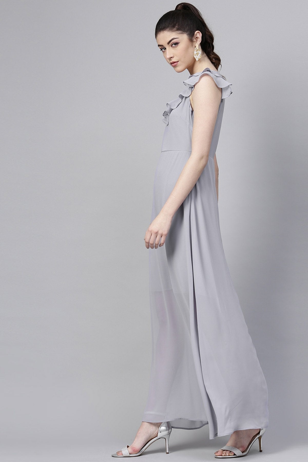 Women's Grey Frill Scoop Neck Maxi