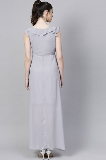 Women's Grey Frill Scoop Neck Maxi
