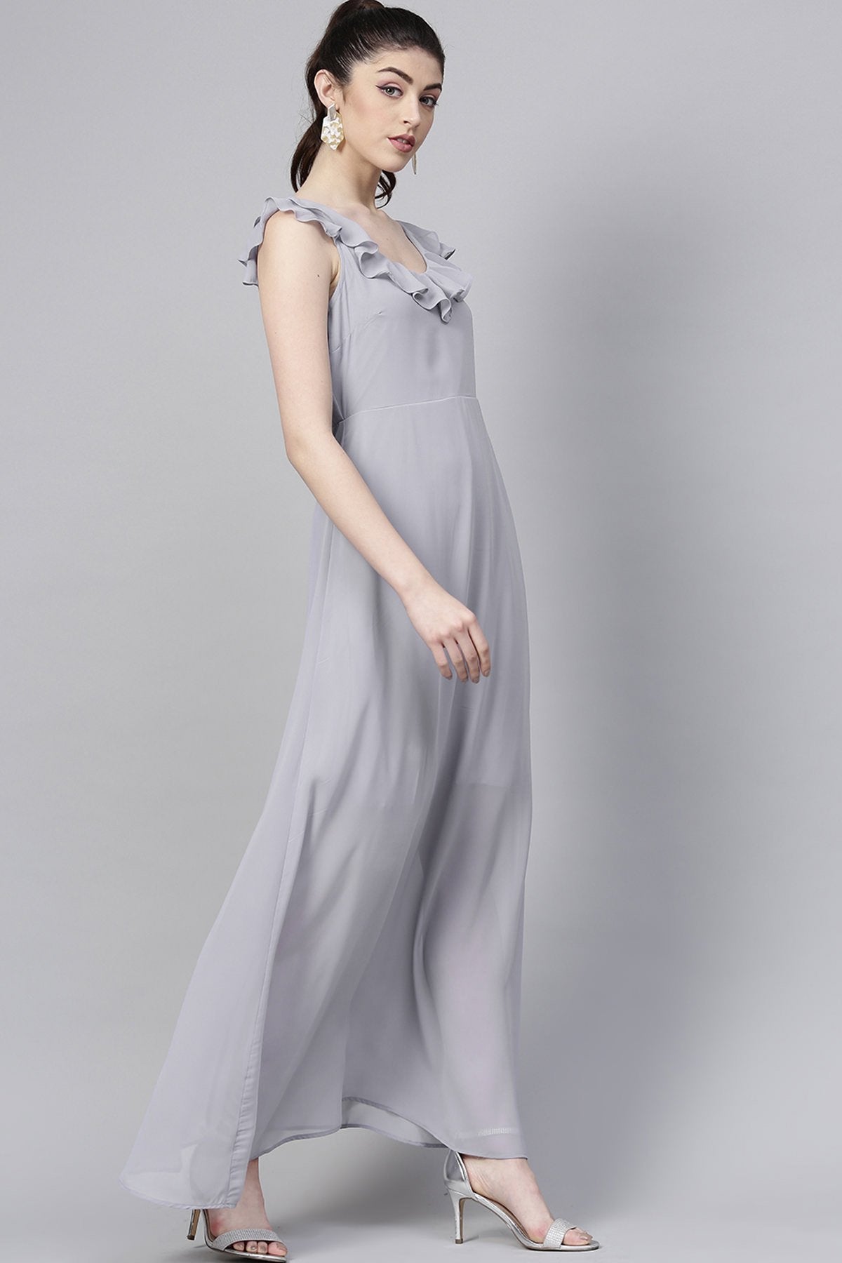 Women's Grey Frill Scoop Neck Maxi