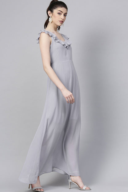 Women's Grey Frill Scoop Neck Maxi