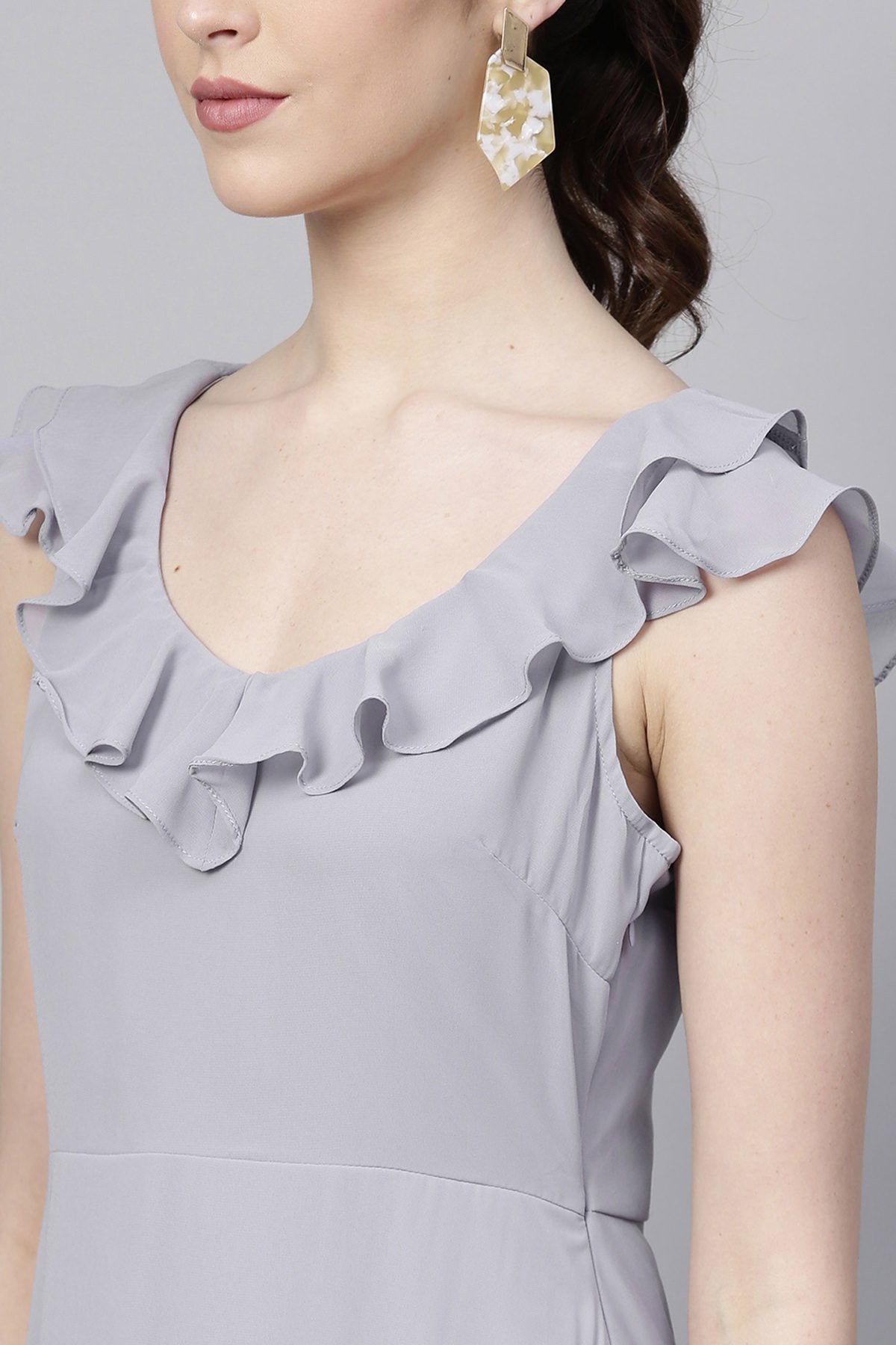 Women's Grey Frill Scoop Neck Maxi