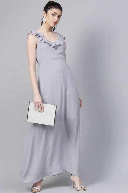 Women's Grey Frill Scoop Neck Maxi