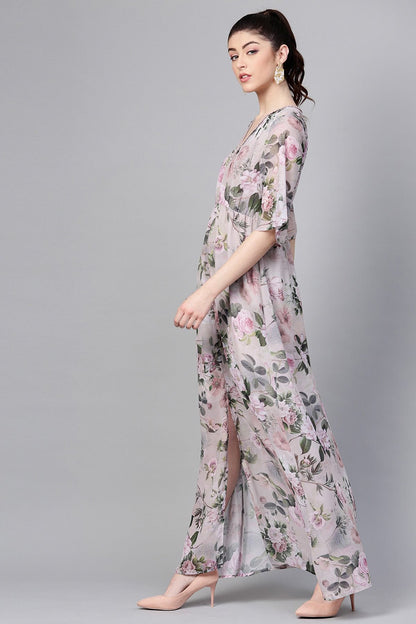Women's Pista Green Floral V-Neck Maxi
