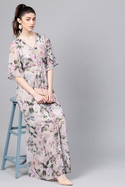 Women's Pista Green Floral V-Neck Maxi