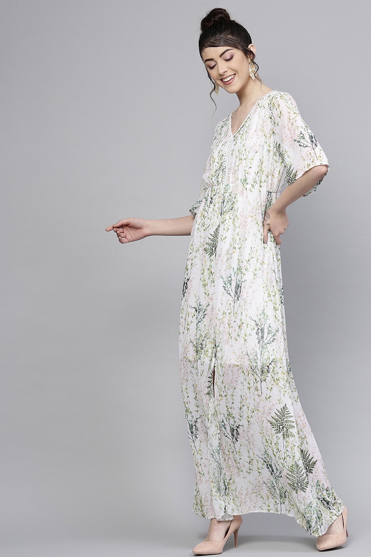 Women's Off-White Floral V-Neck Maxi