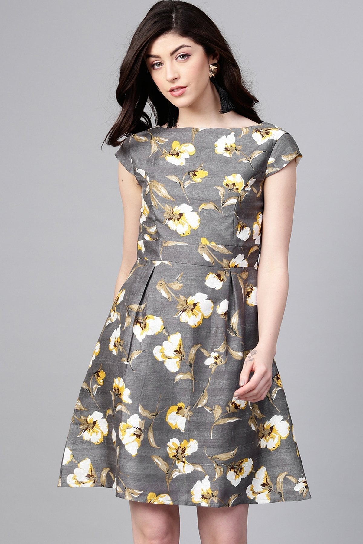 Women's Grey Floral Silk A-Line Dress