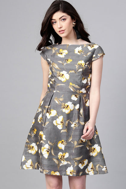 Women's Grey Floral Silk A-Line Dress