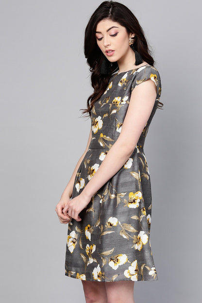 Women's Grey Floral Silk A-Line Dress