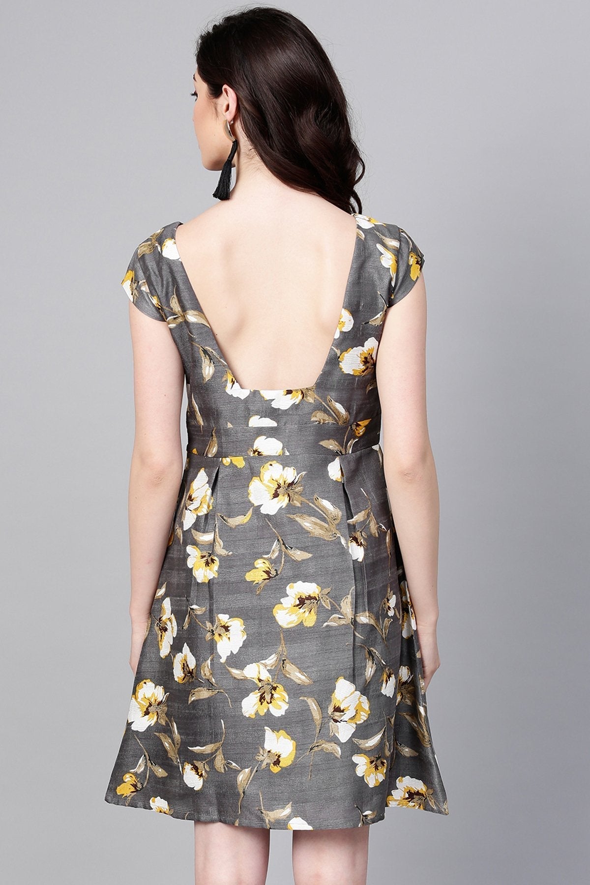 Women's Grey Floral Silk A-Line Dress