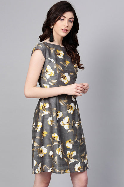 Women's Grey Floral Silk A-Line Dress