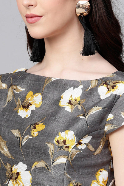 Women's Grey Floral Silk A-Line Dress