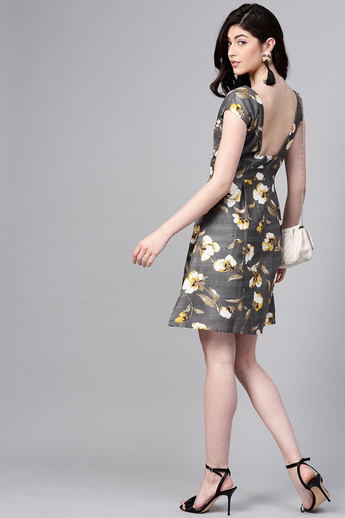 Women's Grey Floral Silk A-Line Dress
