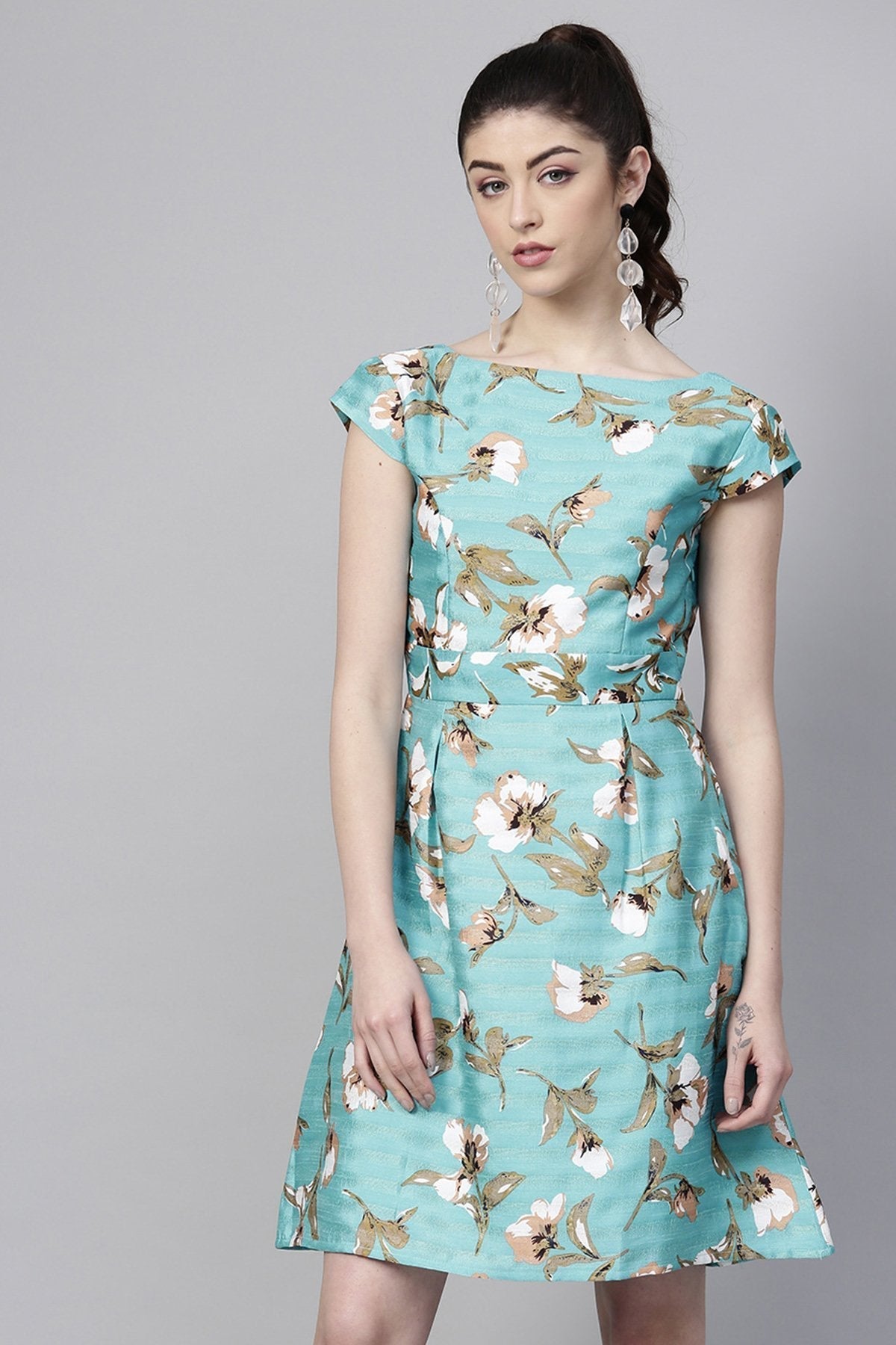 Women's Aqua Floral Silk A-Line Dress