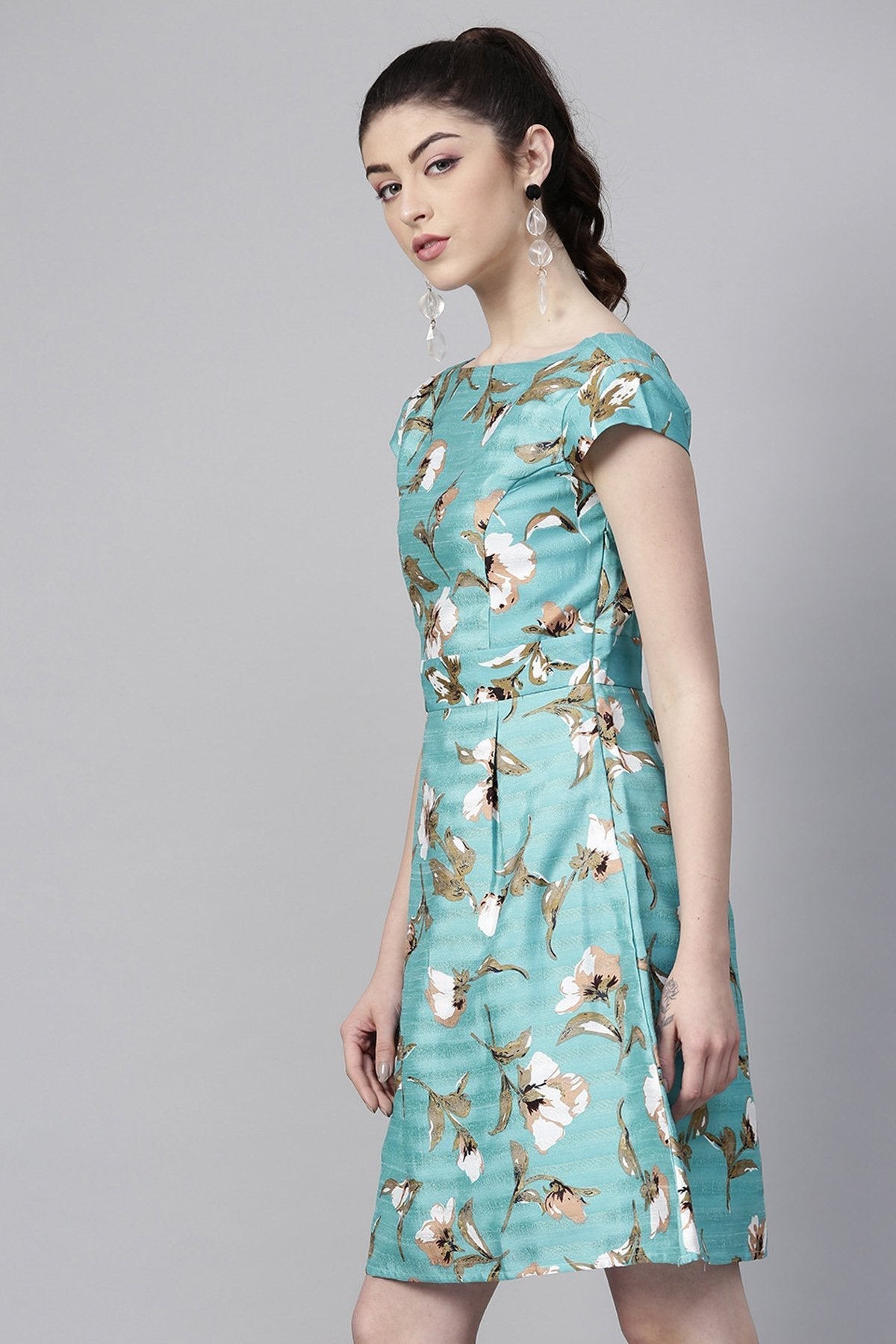 Women's Aqua Floral Silk A-Line Dress