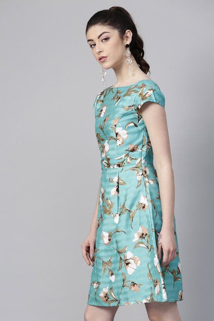 Women's Aqua Floral Silk A-Line Dress