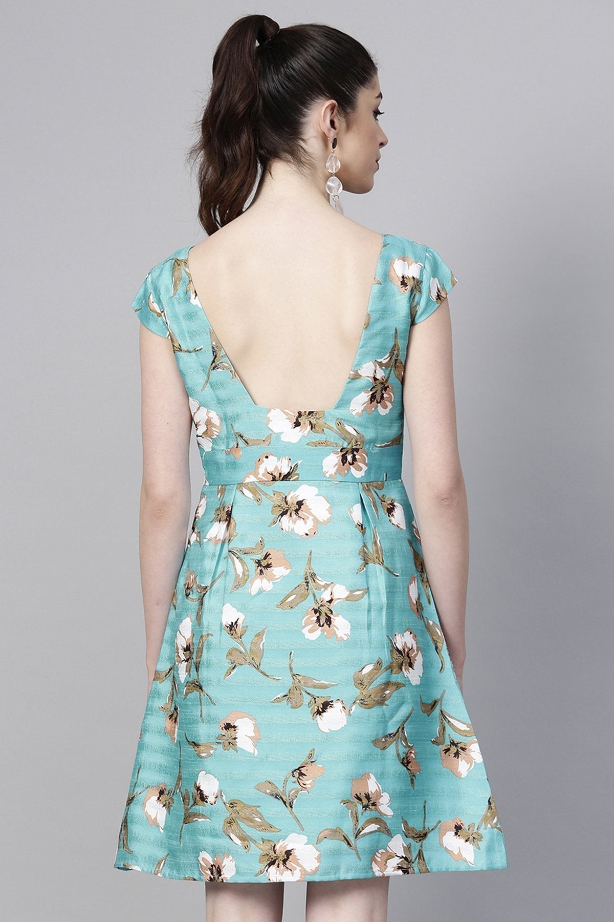 Women's Aqua Floral Silk A-Line Dress