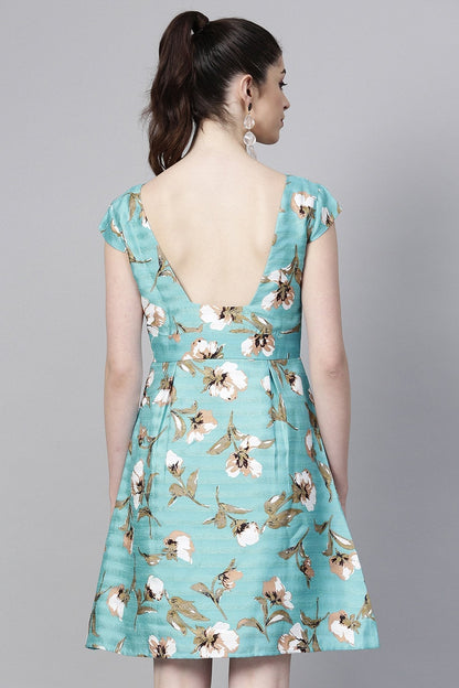 Women's Aqua Floral Silk A-Line Dress