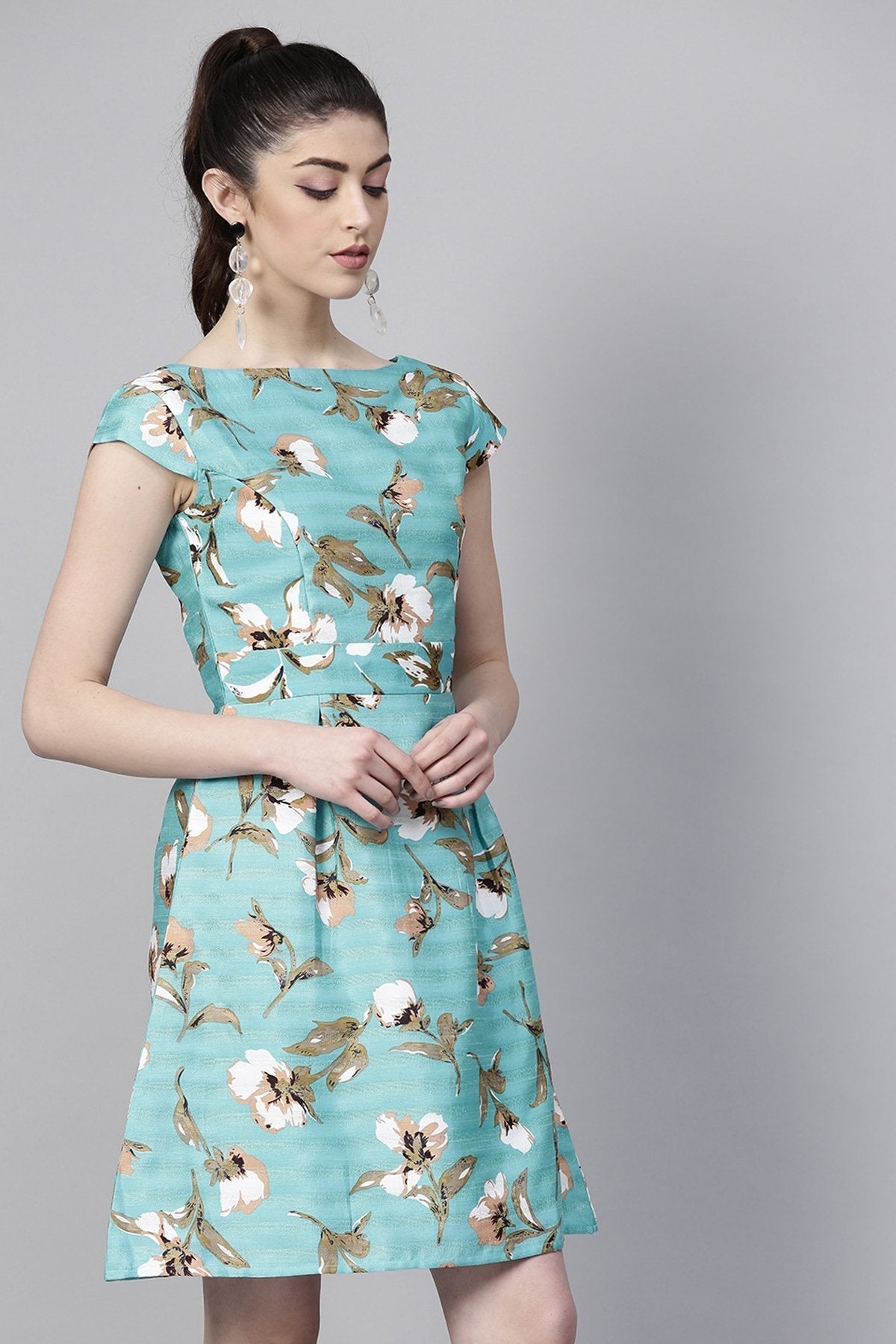 Women's Aqua Floral Silk A-Line Dress
