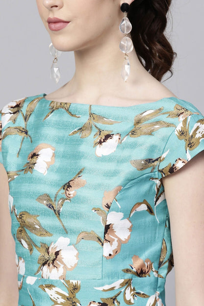 Women's Aqua Floral Silk A-Line Dress