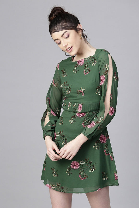 Women's Green Floral Pintuck Skater Dress