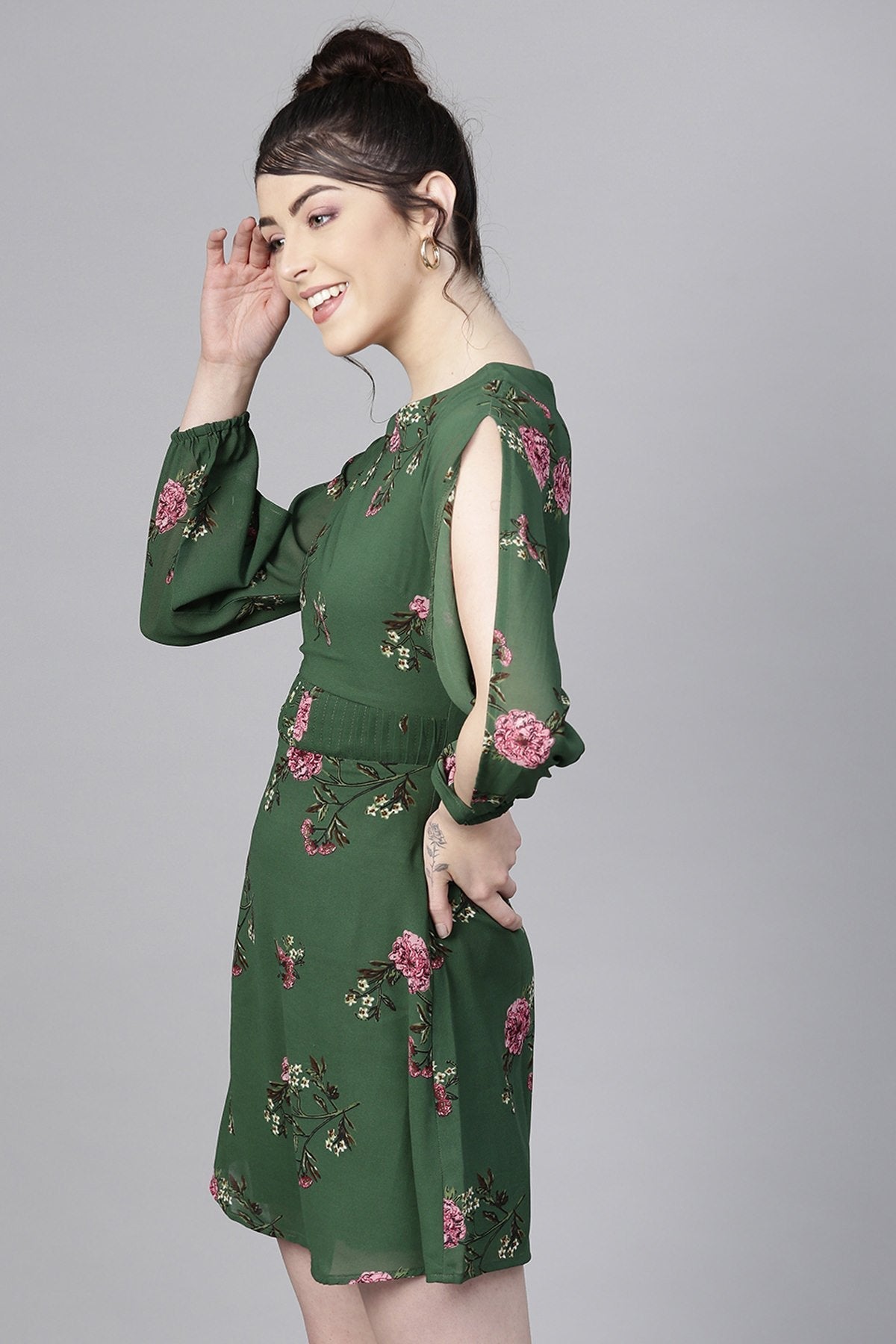 Women's Green Floral Pintuck Skater Dress