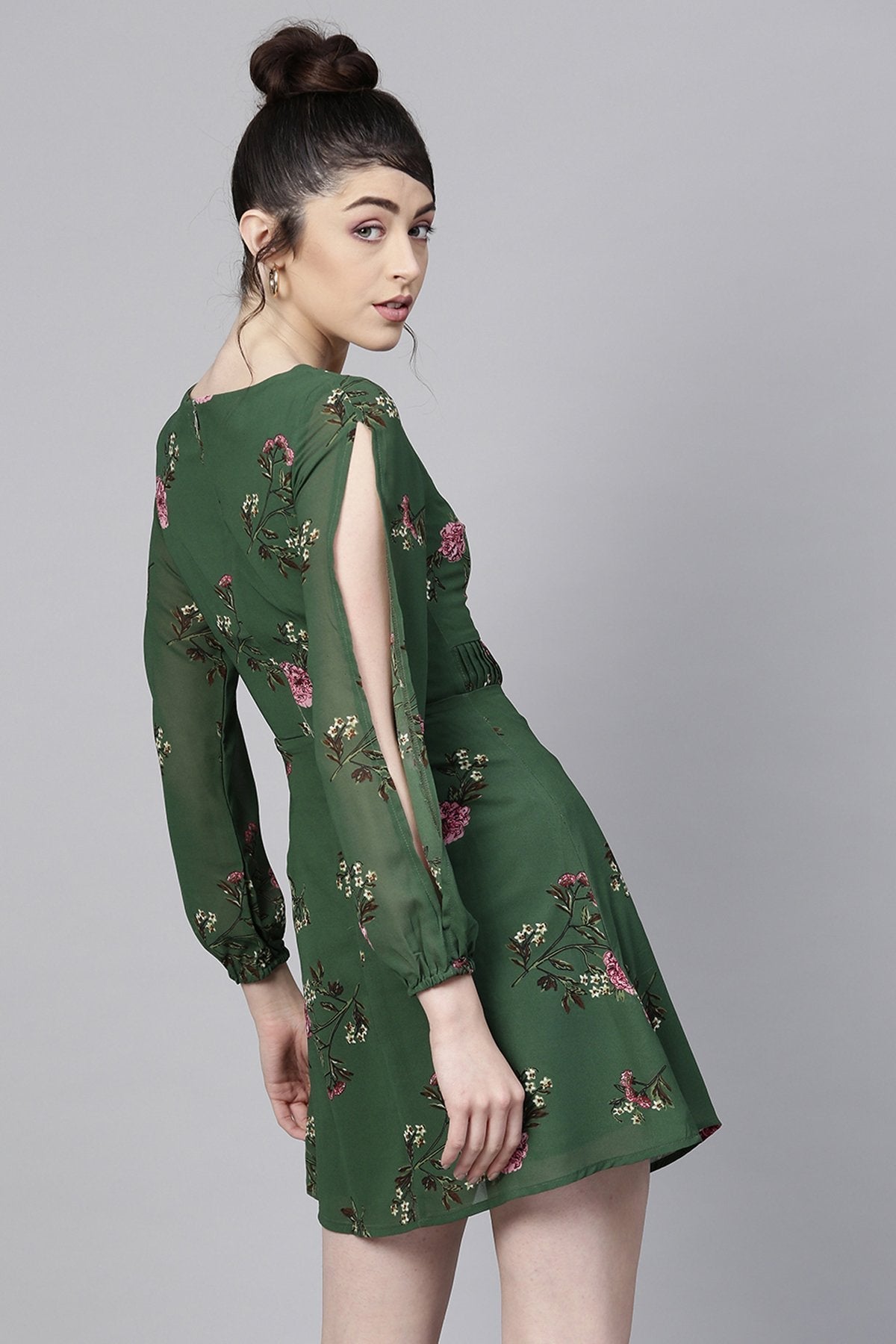 Women's Green Floral Pintuck Skater Dress