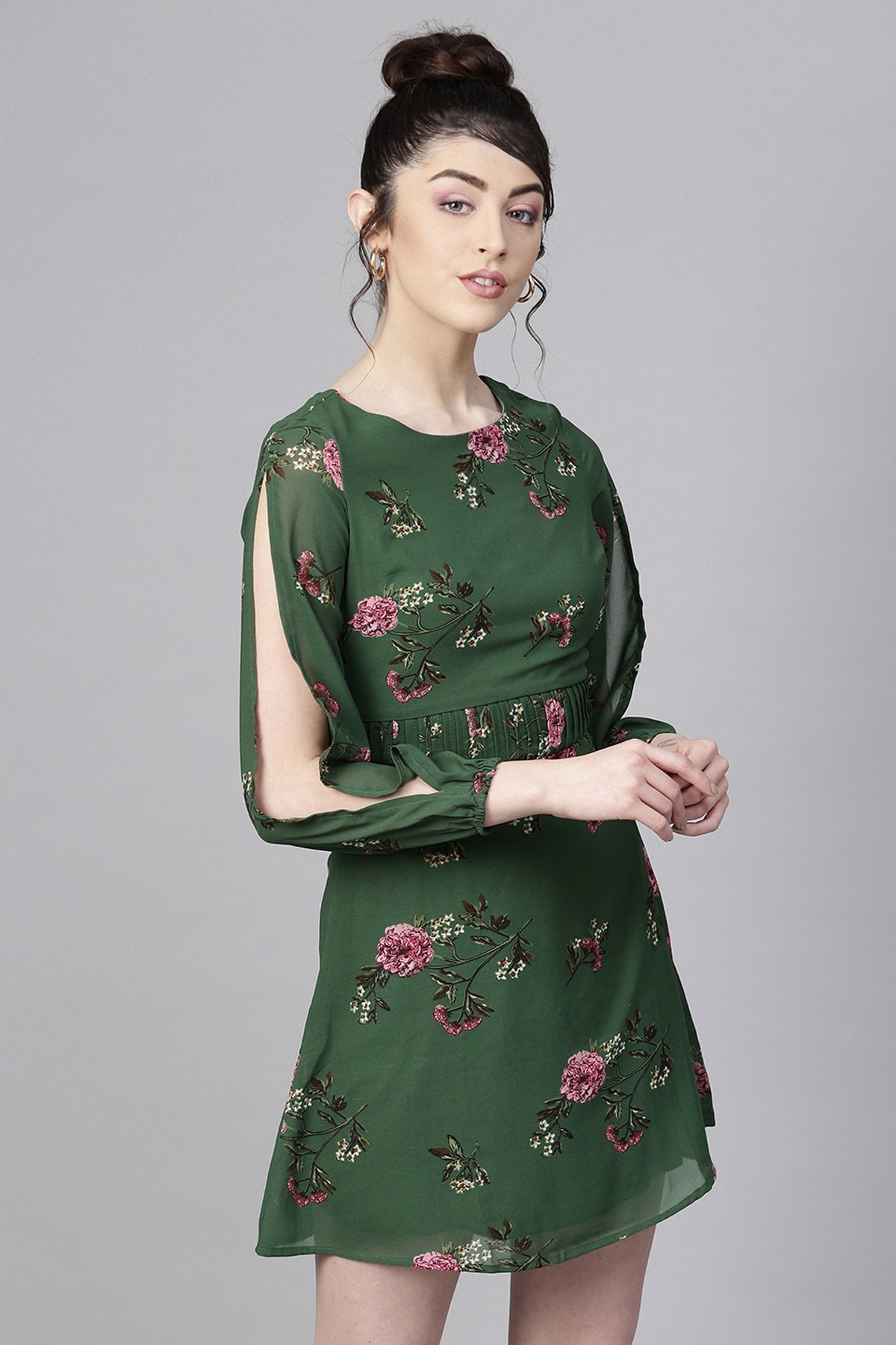 Women's Green Floral Pintuck Skater Dress