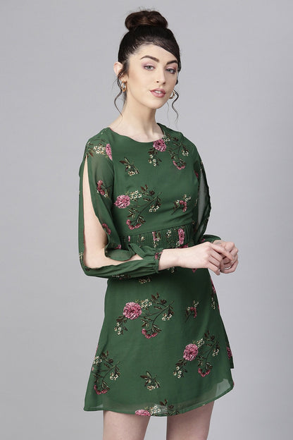 Women's Green Floral Pintuck Skater Dress
