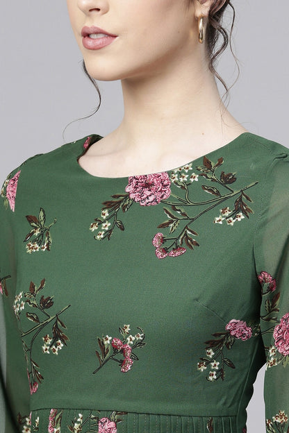 Women's Green Floral Pintuck Skater Dress