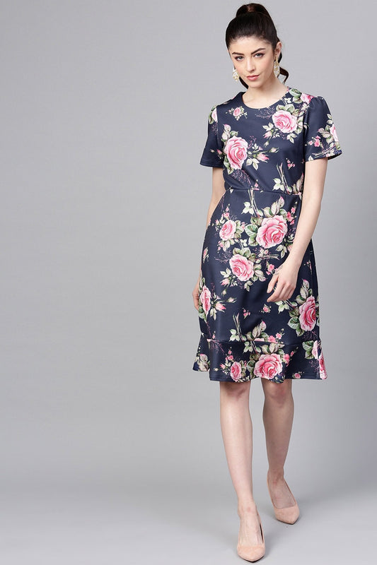 Women's Navy Floral Frill Hem Midi