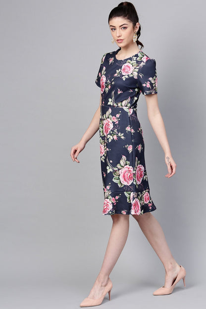 Women's Navy Floral Frill Hem Midi