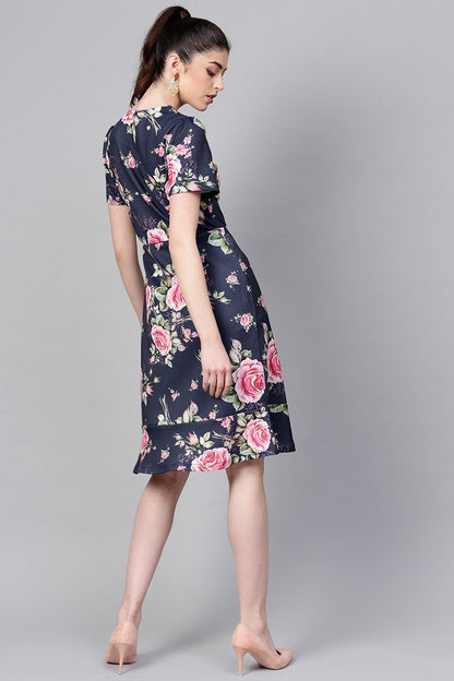 Women's Navy Floral Frill Hem Midi