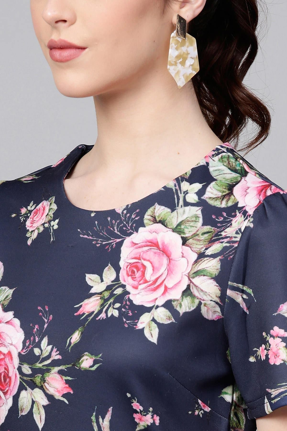 Women's Navy Floral Frill Hem Midi