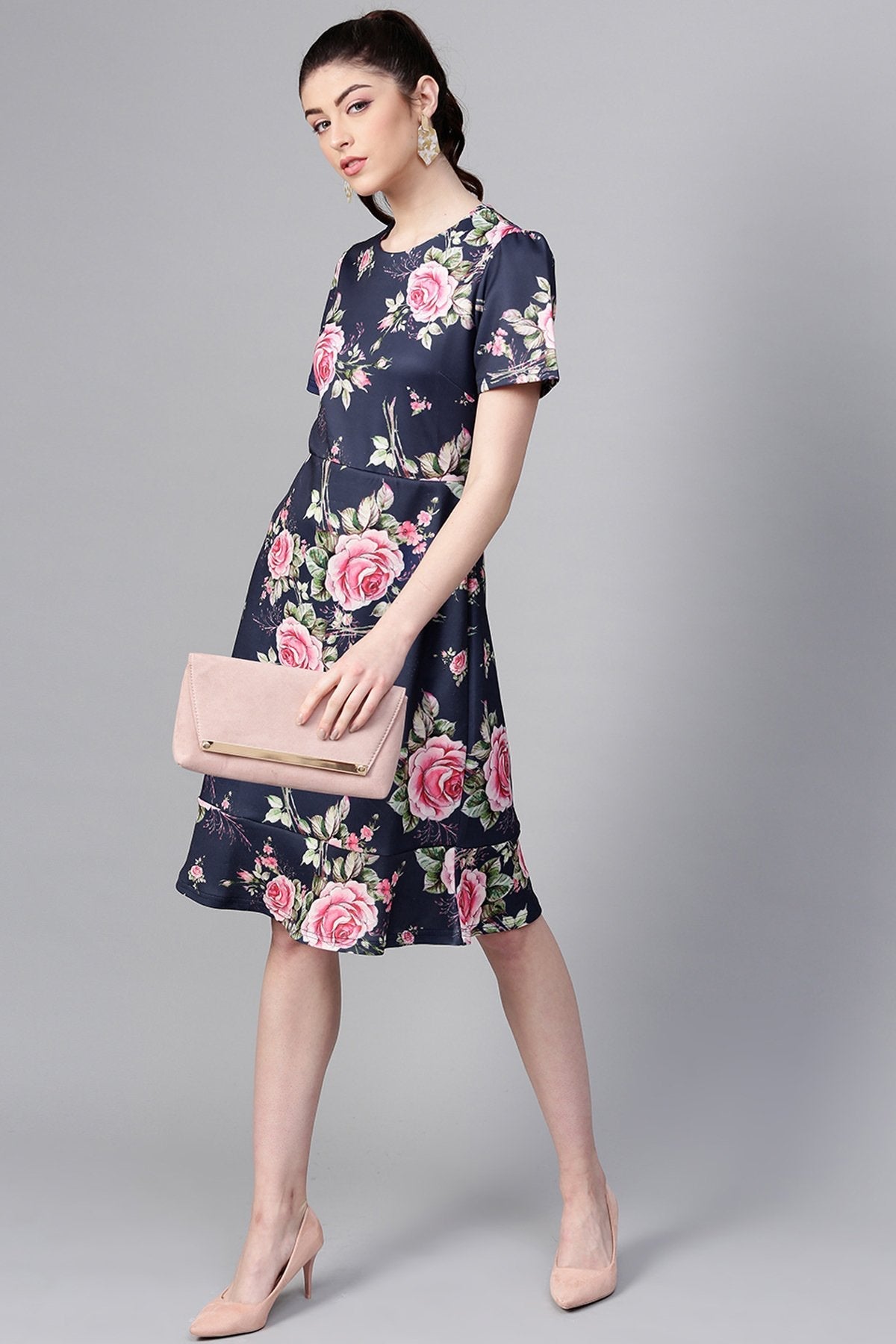 Women's Navy Floral Frill Hem Midi