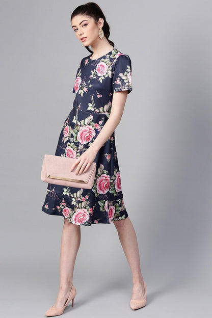 Women's Navy Floral Frill Hem Midi
