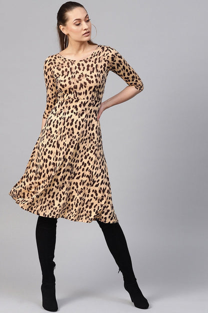 Women's Beige Cheetah Flared Midi
