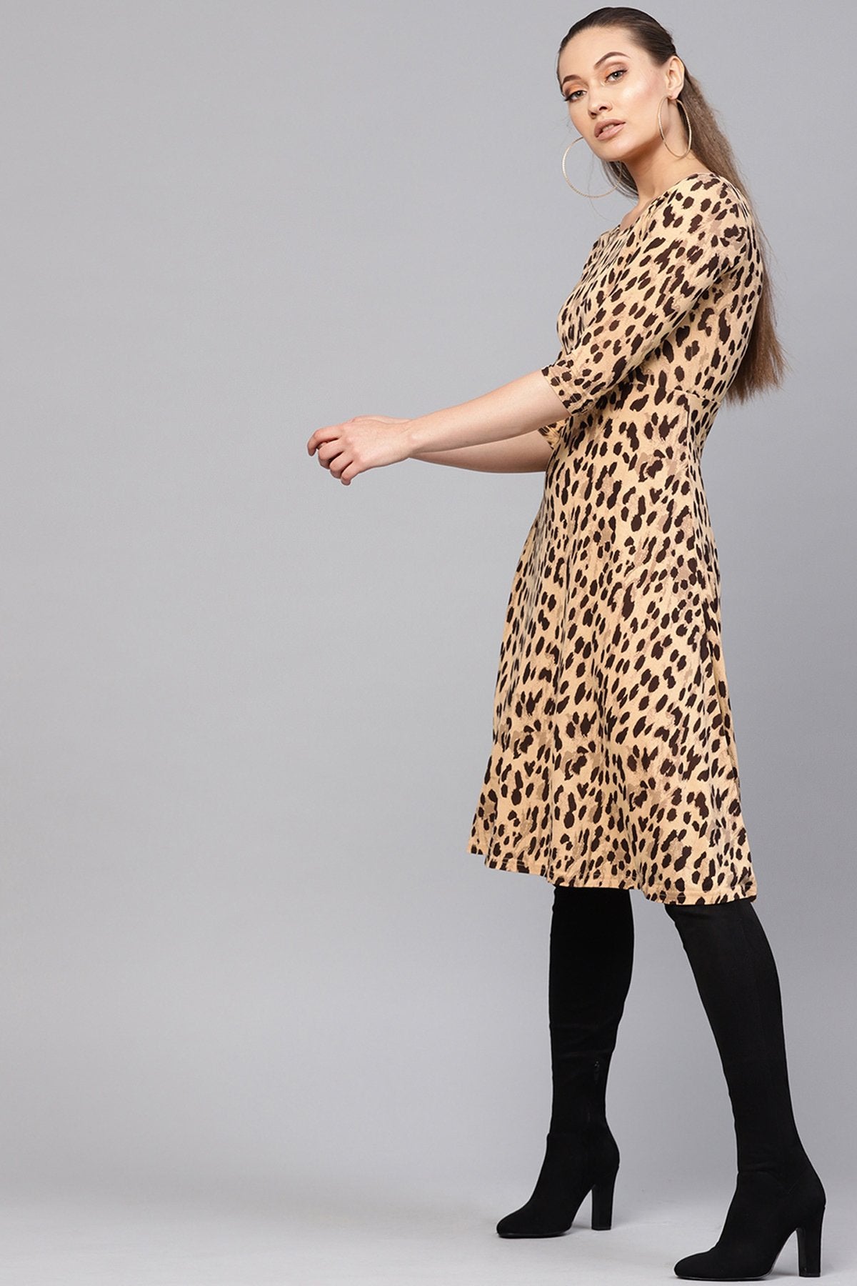 Women's Beige Cheetah Flared Midi