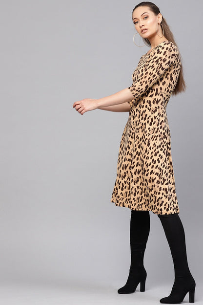 Women's Beige Cheetah Flared Midi