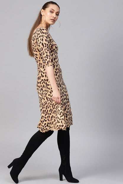Women's Beige Cheetah Flared Midi