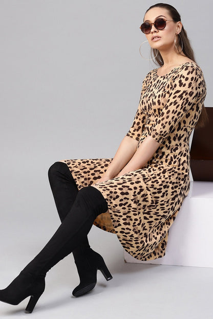 Women's Beige Cheetah Flared Midi