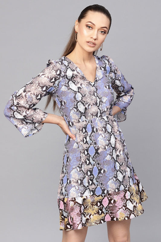 Women's Blue Python Frill Hem Skater Dress
