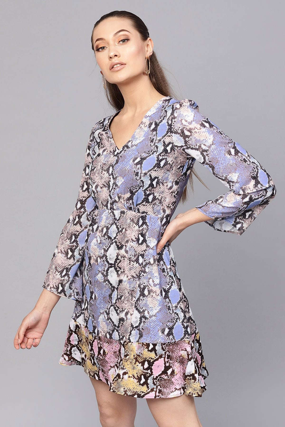 Women's Blue Python Frill Hem Skater Dress